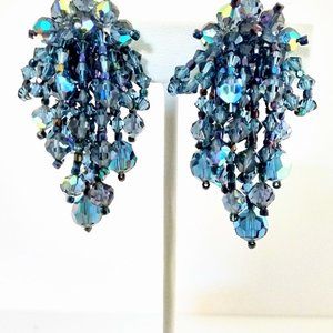 Vintage Hand beaded Earrings Blue AB Austrian Crystals Waterfall Dangles